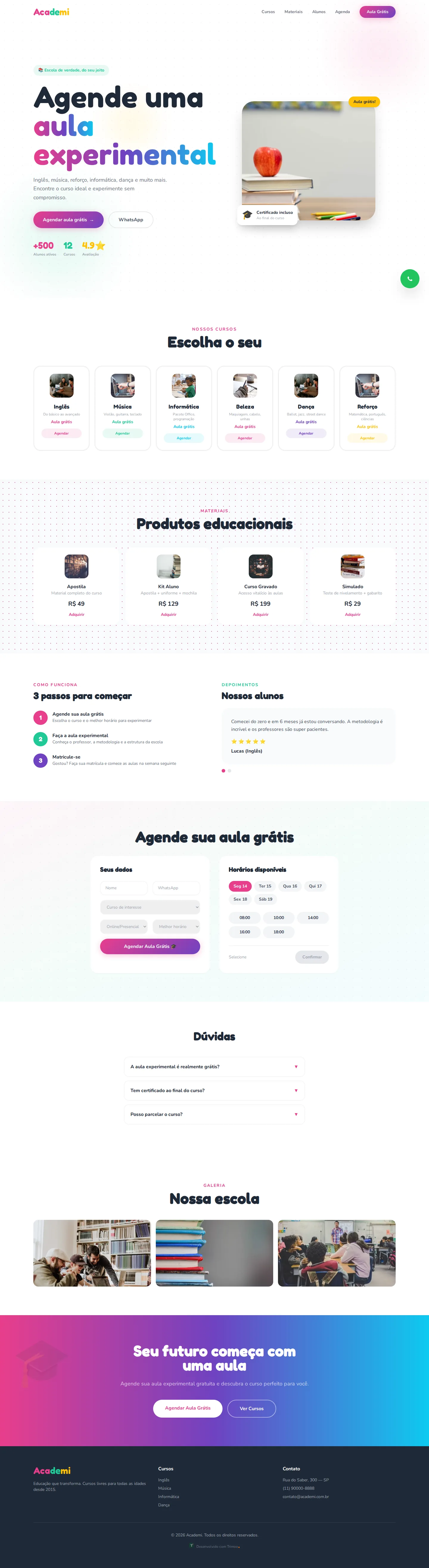 A página do modelo Academi no computador, com o conteúdo de exemplo do modelo