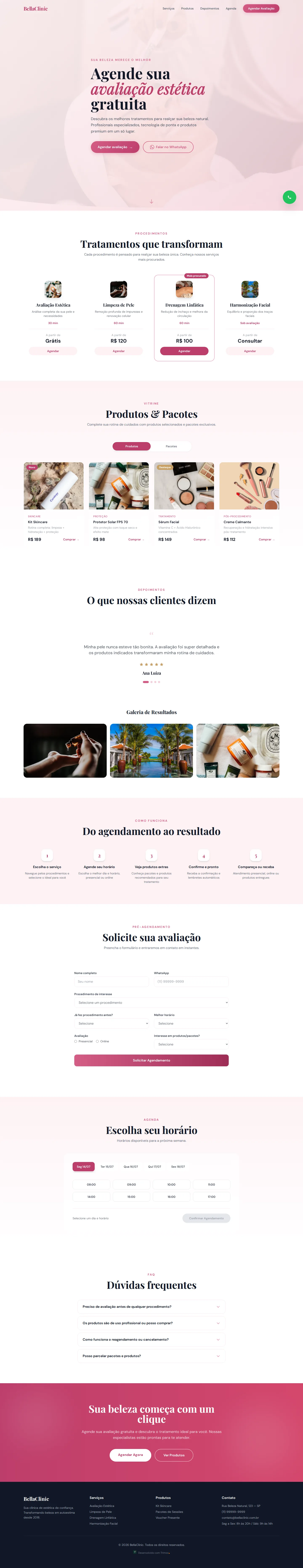 A página do modelo BellaClinic no computador, com o conteúdo de exemplo do modelo