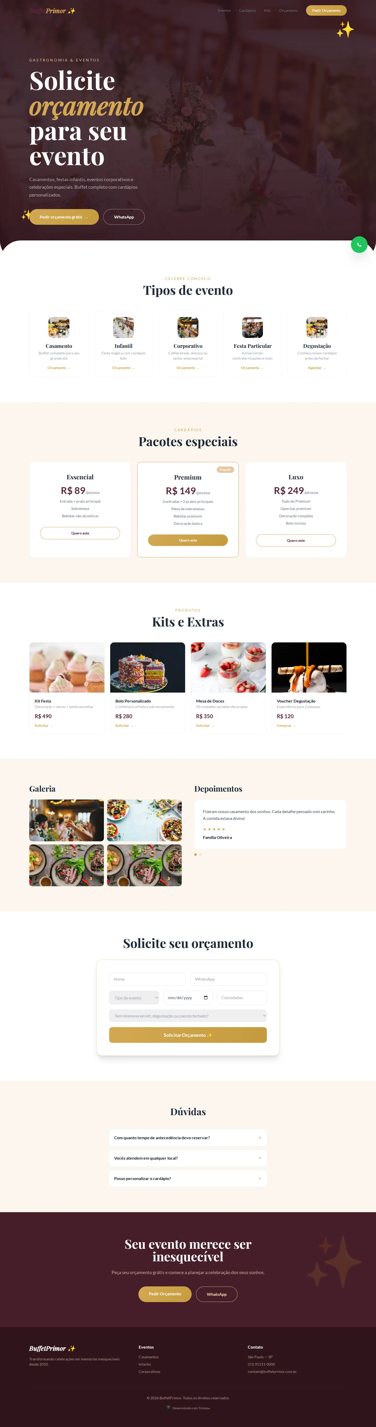 A página do modelo Buffet Primor no computador, com o conteúdo de exemplo do modelo