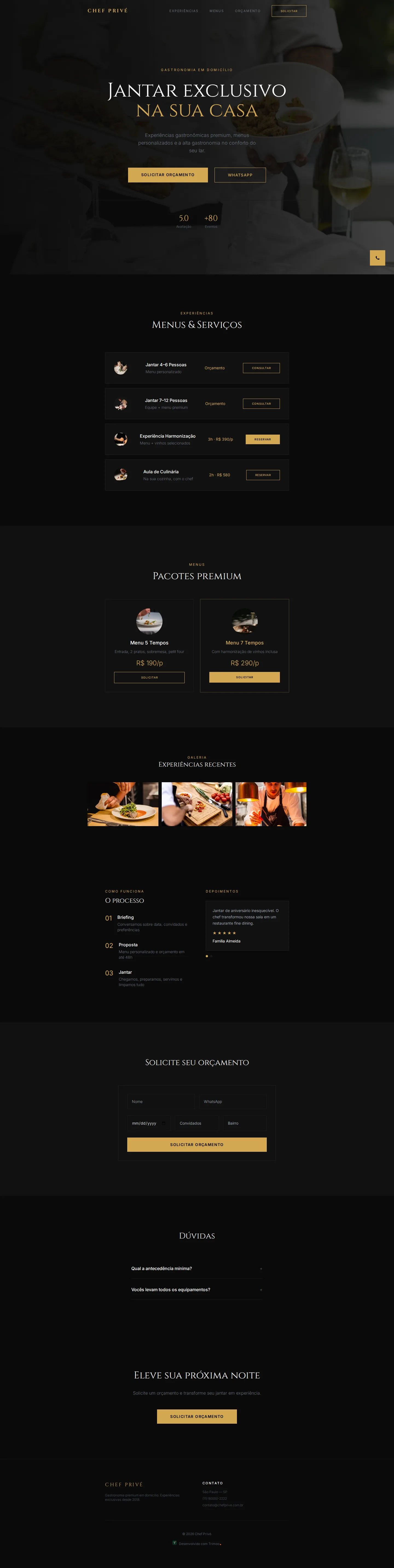 A página do modelo Chef Privé no computador, com o conteúdo de exemplo do modelo