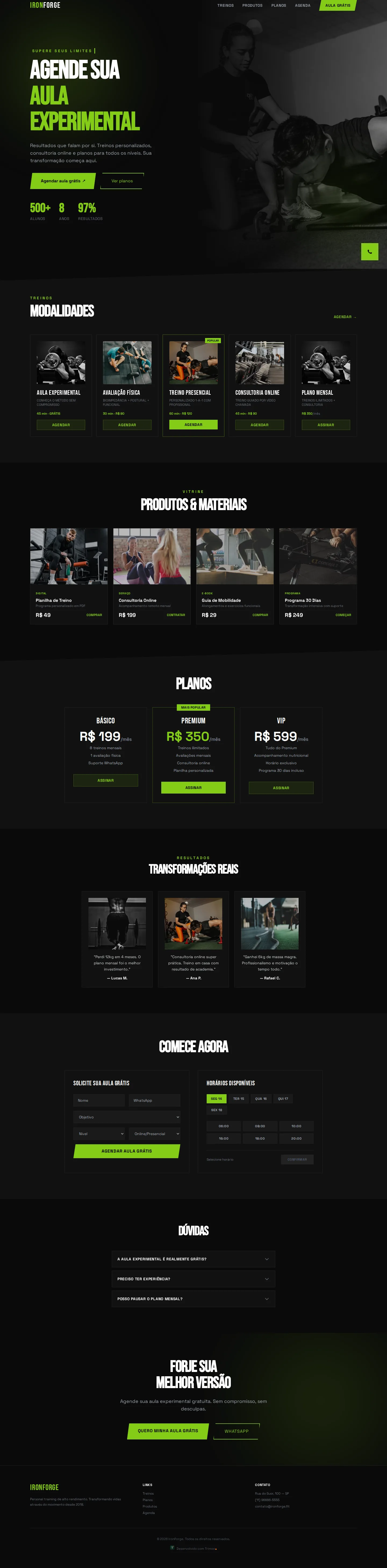 A página do modelo IronForge no computador, com o conteúdo de exemplo do modelo