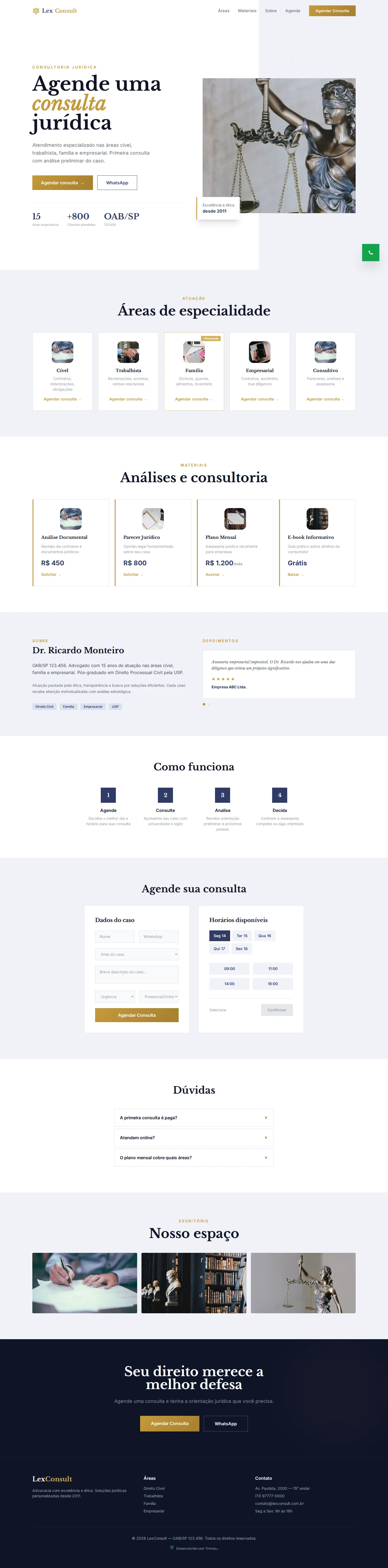 A página do modelo LexConsult no computador, com o conteúdo de exemplo do modelo