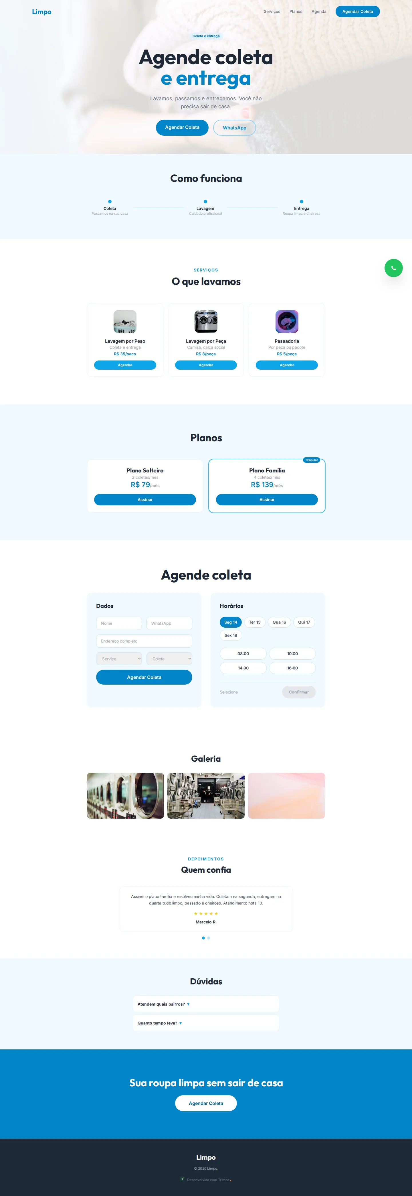 A página do modelo Limpo no computador, com o conteúdo de exemplo do modelo