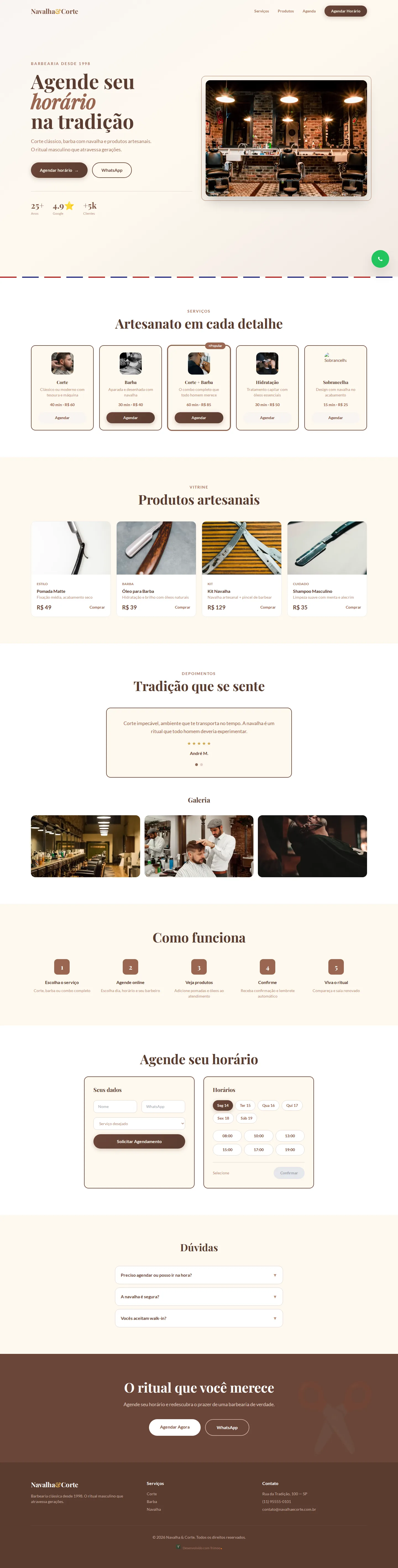 A página do modelo Navalha & Corte no computador, com o conteúdo de exemplo do modelo
