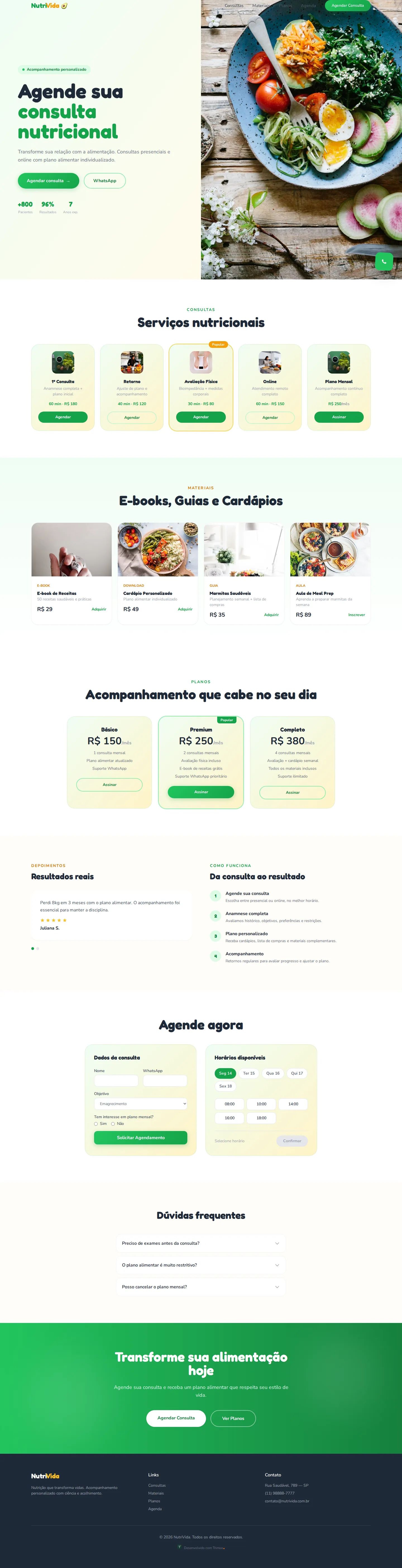 A página do modelo NutriVida no computador, com o conteúdo de exemplo do modelo