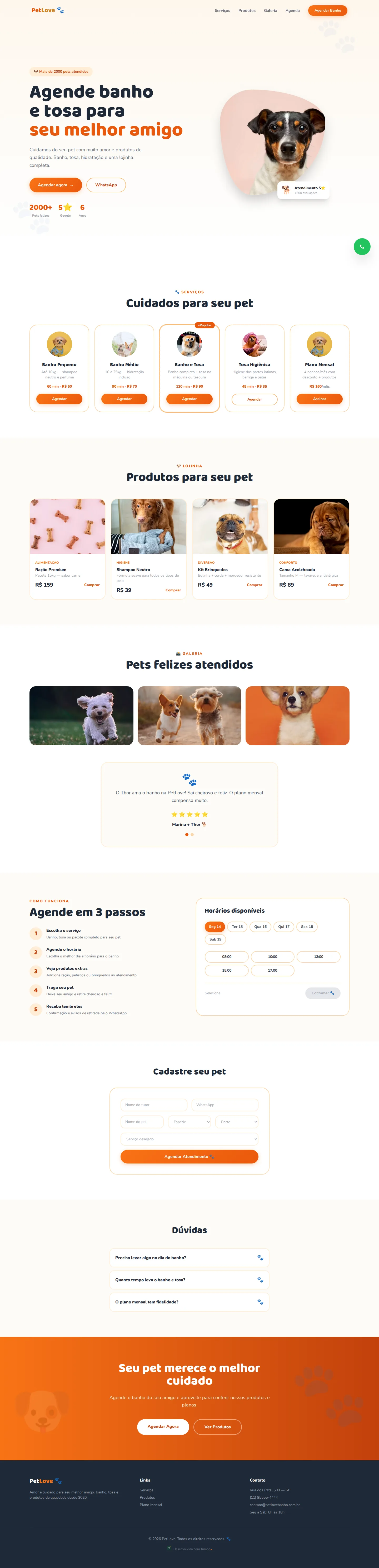 A página do modelo PetLove no computador, com o conteúdo de exemplo do modelo